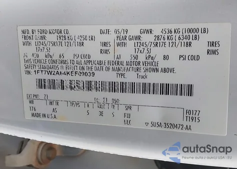 2019 Ford F-250 Xl из США, поврежденный, VIN 1FT7W2A64KEF09039